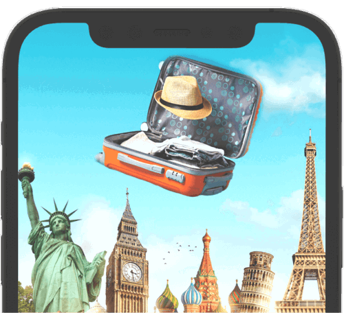 A suitcase fling through the air with landmarks in the background from around the word.